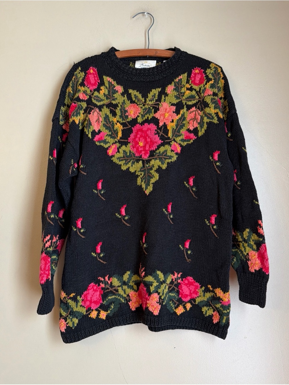 Vintage Express Internationale Womens Sweater Black Large Hand Knitted Floral